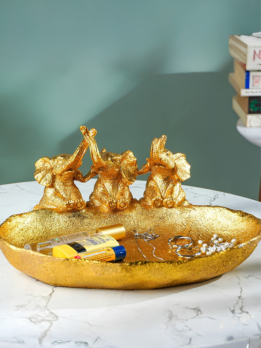 Gold Resin Elephant Trio Decorative Tray with Textured Finish - The Golden Theory