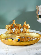 Gold Resin Elephant Trio Decorative Tray with Textured Finish - The Golden Theory
