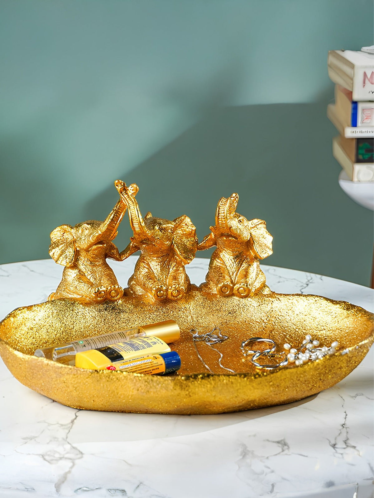Gold Resin Elephant Trio Decorative Tray with Textured Finish - The Golden Theory