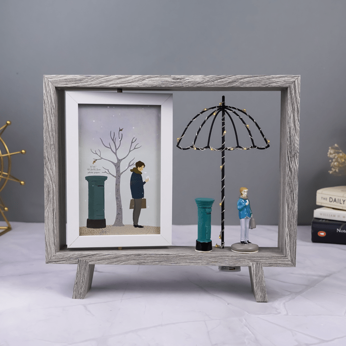 Gray Wooden Frame Shadow Box with Decorative Scene - The Golden Theory