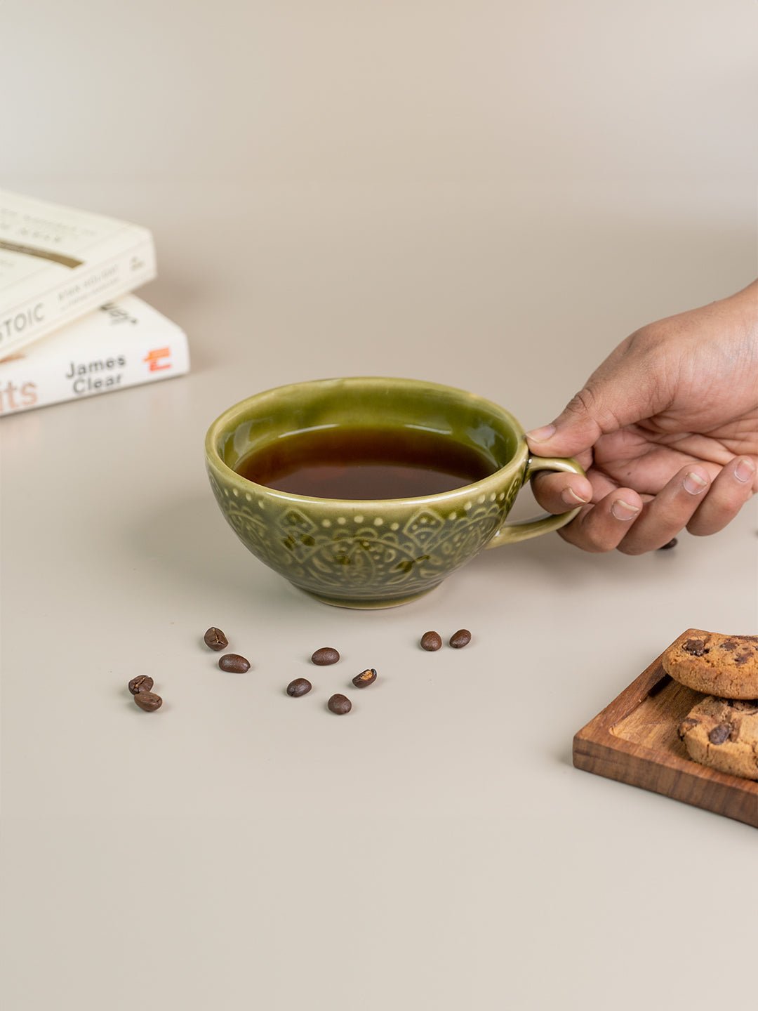 Green Ceramic Latte Mugs with Design - The Golden Theory