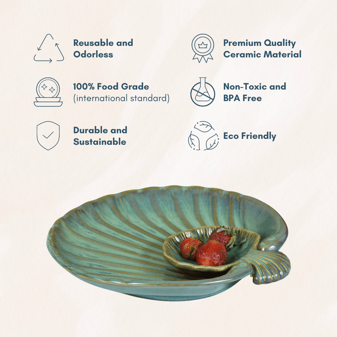 Green Ceramic Shell Shaped Chip and Dip Platter - The Golden Theory
