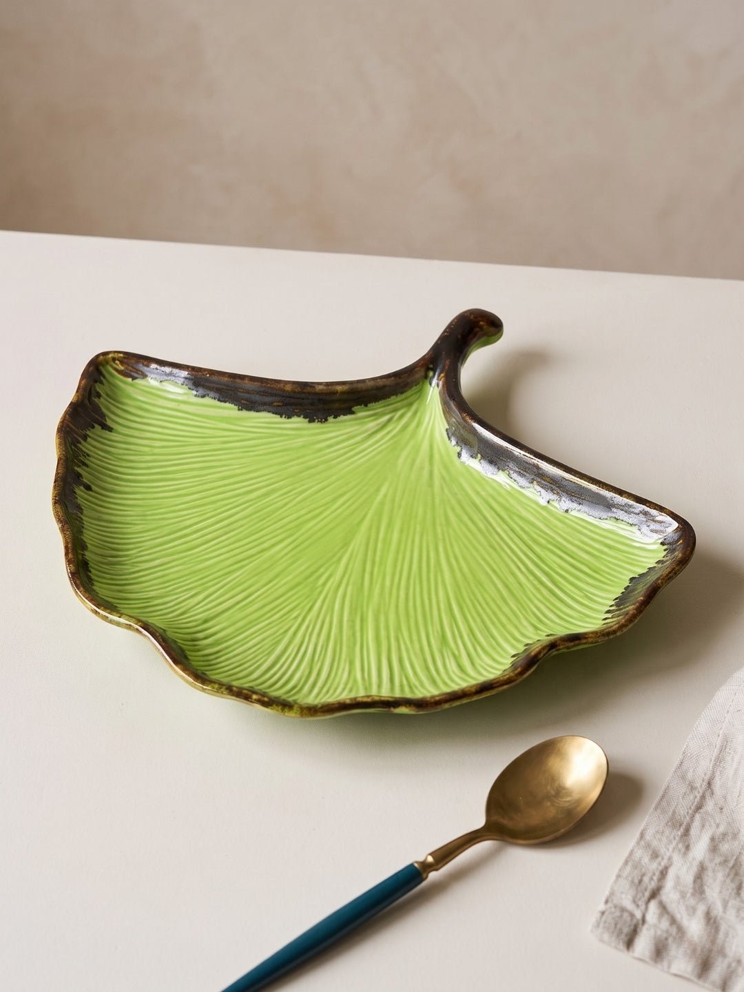 Green Ceramic Shell Shaped Platter with Brown Borders - The Golden Theory
