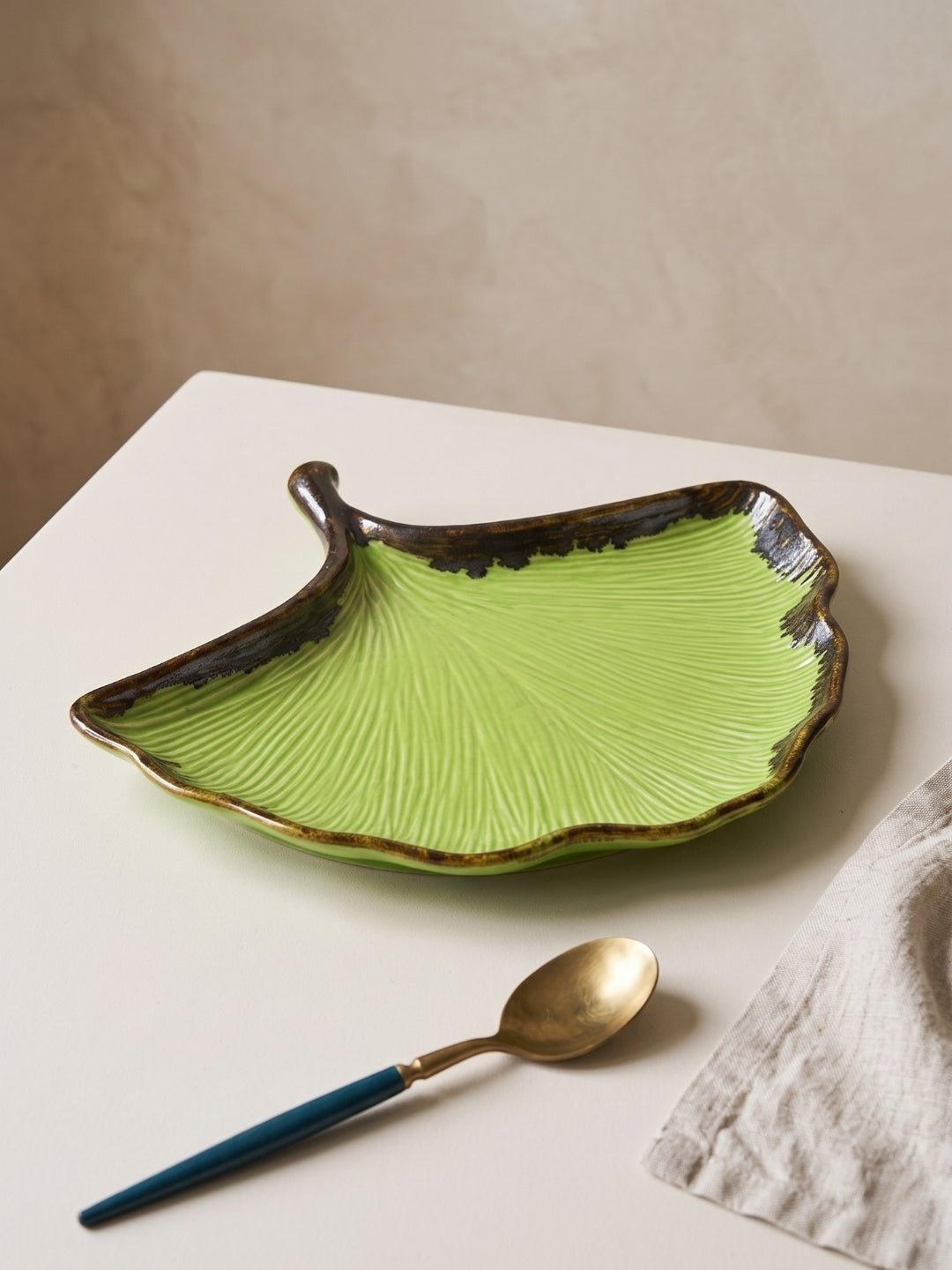 Green Ceramic Shell Shaped Platter with Brown Borders - The Golden Theory