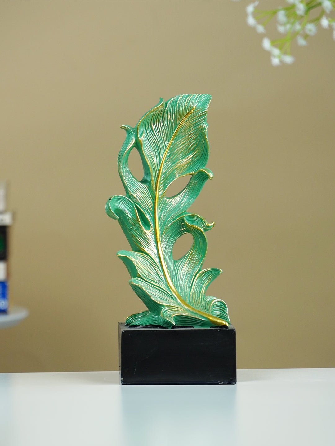 Green Leaf-Inspired Decorative Sculpture with Golden Accents - The Golden Theory