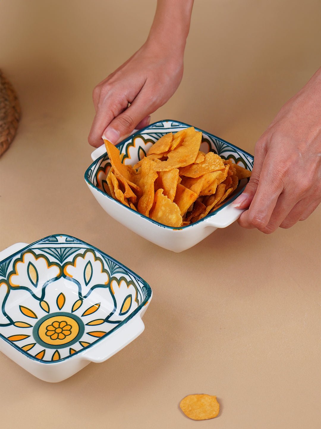 Green & Orange Meadow Square Ceramic Bowls Set of 2 - The Golden Theory