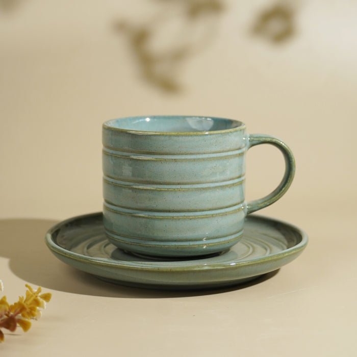Green Ribbed Ceramic Cup and Saucer Set - The Golden Theory