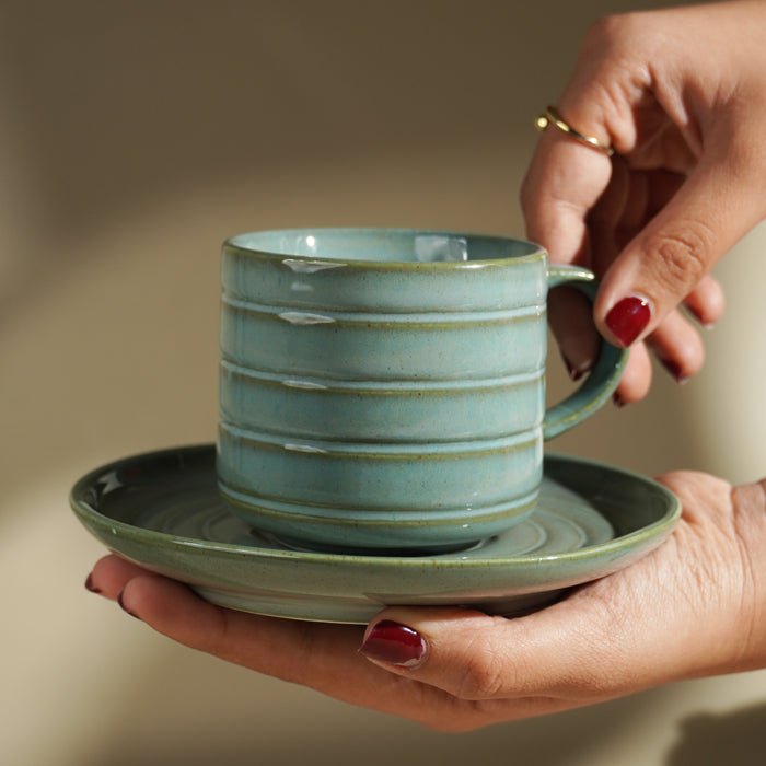 Green Ribbed Ceramic Cup and Saucer Set - The Golden Theory