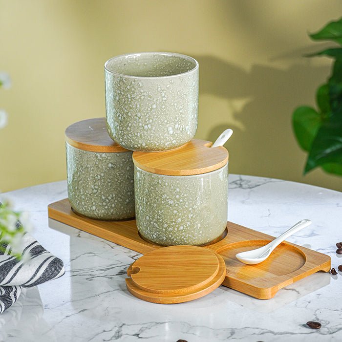 Green Textured Canister Set with Bamboo Lids and Tray Set of 3 - The Golden Theory