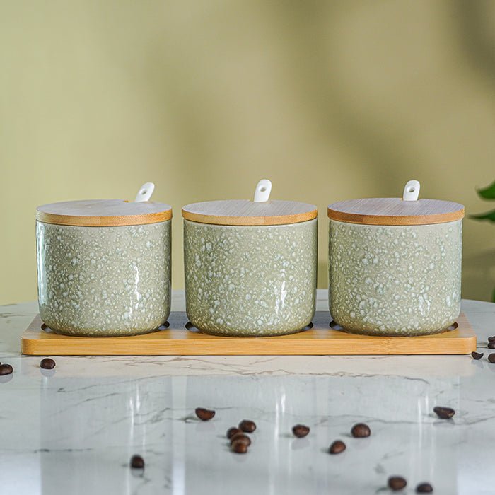 Green Textured Canister Set with Bamboo Lids and Tray Set of 3 - The Golden Theory