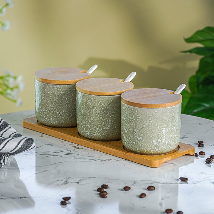 Green Textured Canister Set with Bamboo Lids and Tray Set of 3 - The Golden Theory