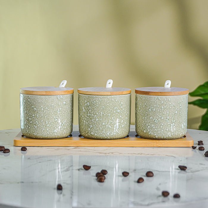 Green Textured Canister Set with Bamboo Lids and Tray Set of 3 Secondary image