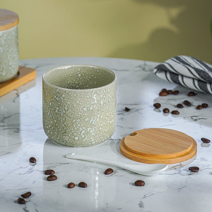 Green Textured Canister Set with Bamboo Lids and Tray Set of 3 - The Golden Theory