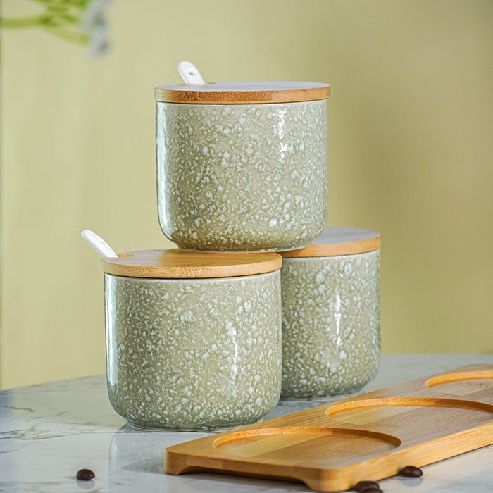 Green Textured Canister Set with Bamboo Lids and Tray Set of 3 - The Golden Theory