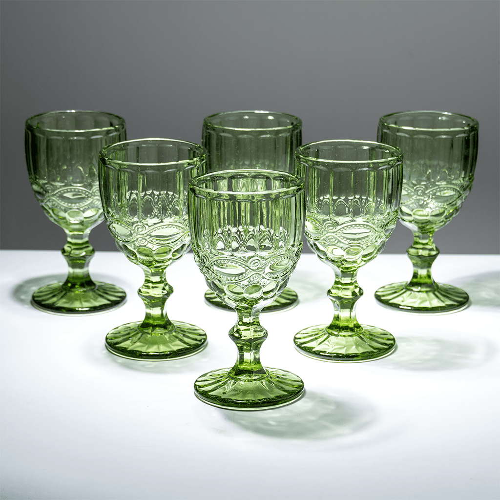 Green Vintage Embossed Glass Goblet Set – 6-Piece - The Golden Theory