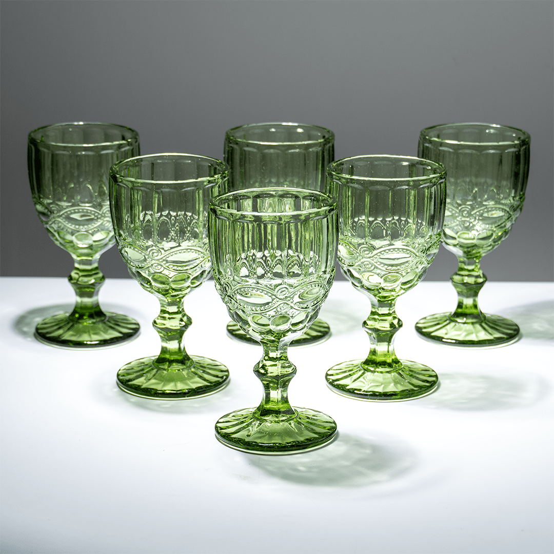 Green Vintage Embossed Glass Goblet Set – 6-Piece - The Golden Theory