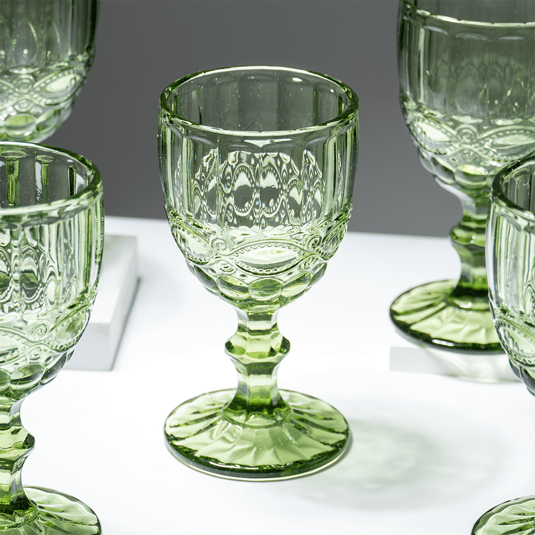 Green Vintage Embossed Glass Goblet Set – 6-Piece - The Golden Theory