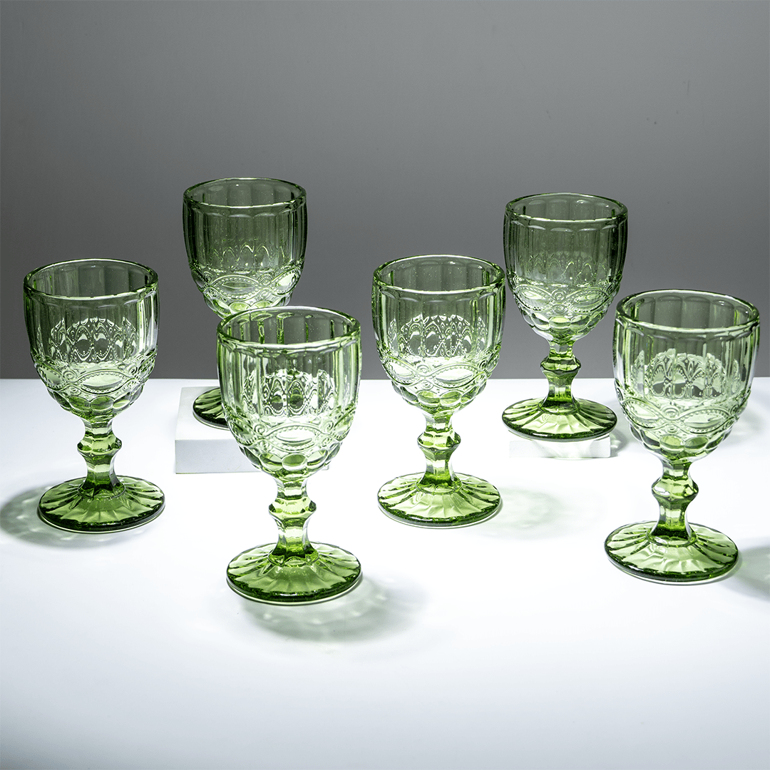 Green Vintage Embossed Glass Goblet Set – 6-Piece - The Golden Theory Main image