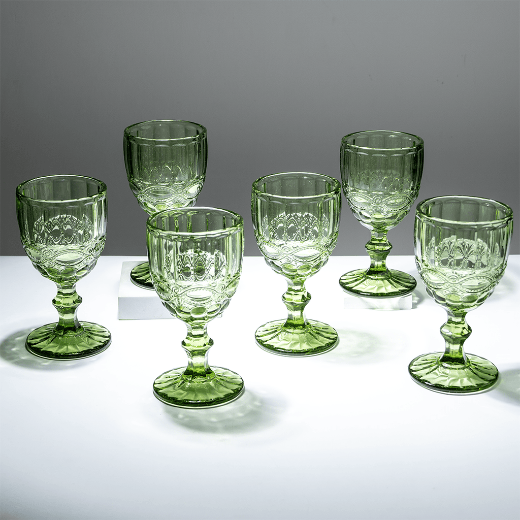 Green Vintage Embossed Glass Goblet Set – 6-Piece - The Golden Theory