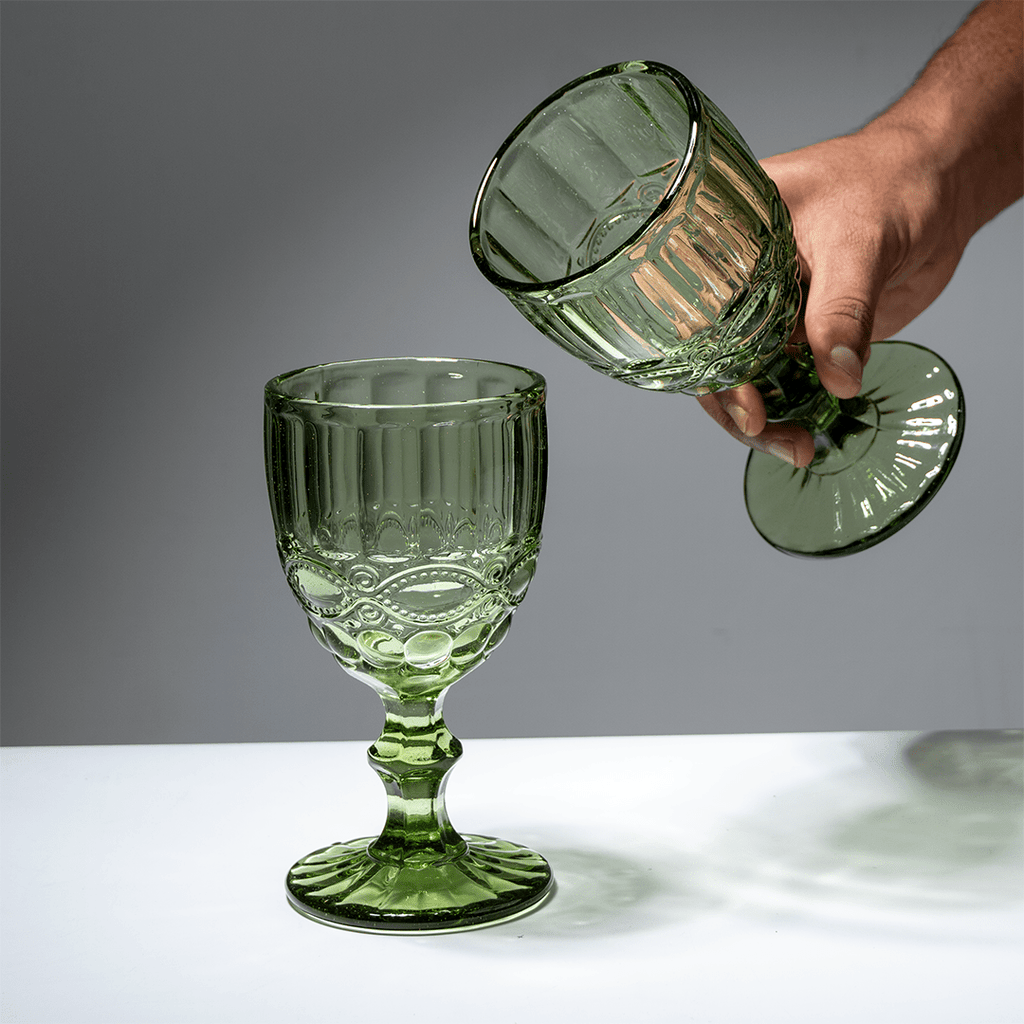 Green Vintage Embossed Glass Goblet Set – 6-Piece - The Golden Theory