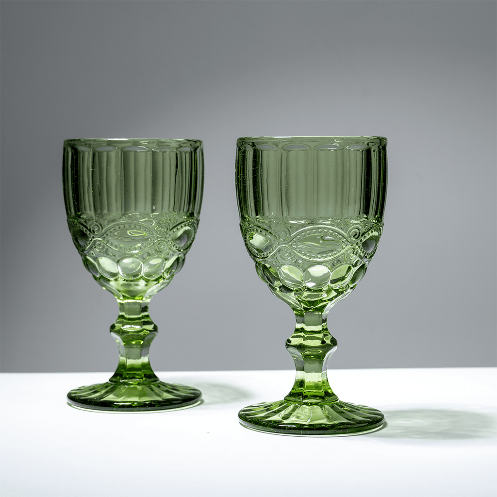Green Vintage Embossed Glass Goblet Set – 6-Piece - The Golden Theory