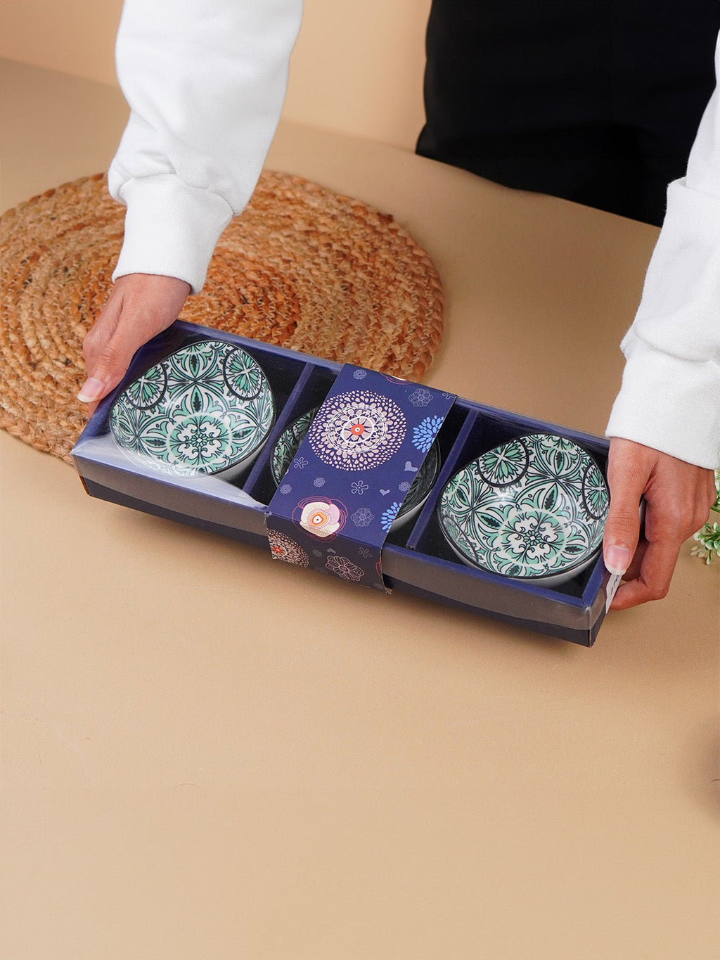 Green & White Fern Square Ceramic Bowls Set of 3 - The Golden Theory