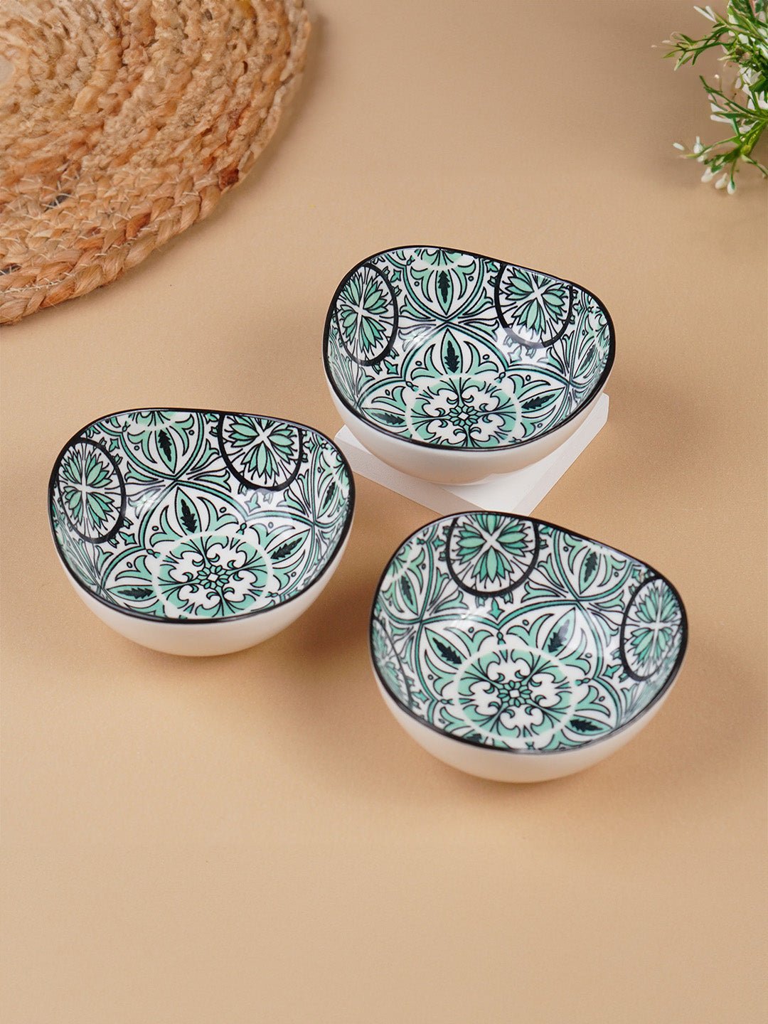 Green & White Fern Square Ceramic Bowls Set of 3 - The Golden Theory Main image
