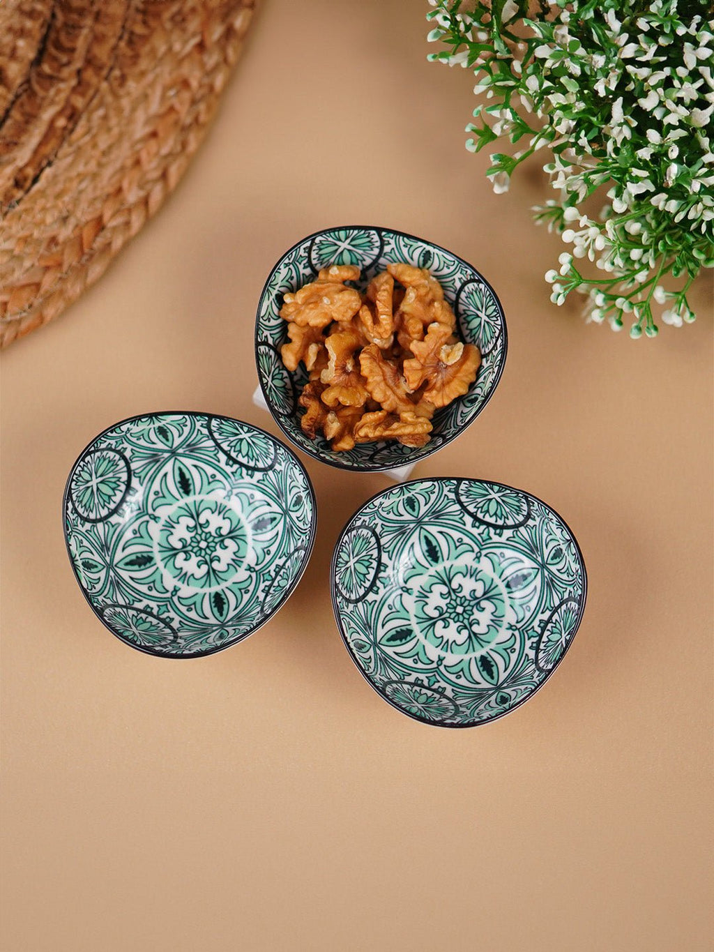 Green & White Fern Square Ceramic Bowls Set of 3 - The Golden Theory