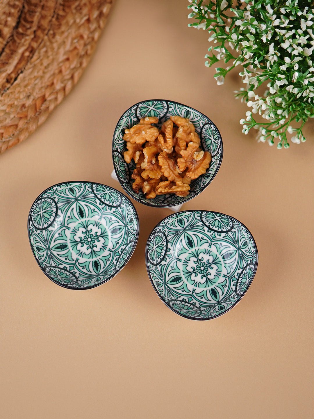 Green & White Fern Square Ceramic Bowls Set of 3 - The Golden Theory