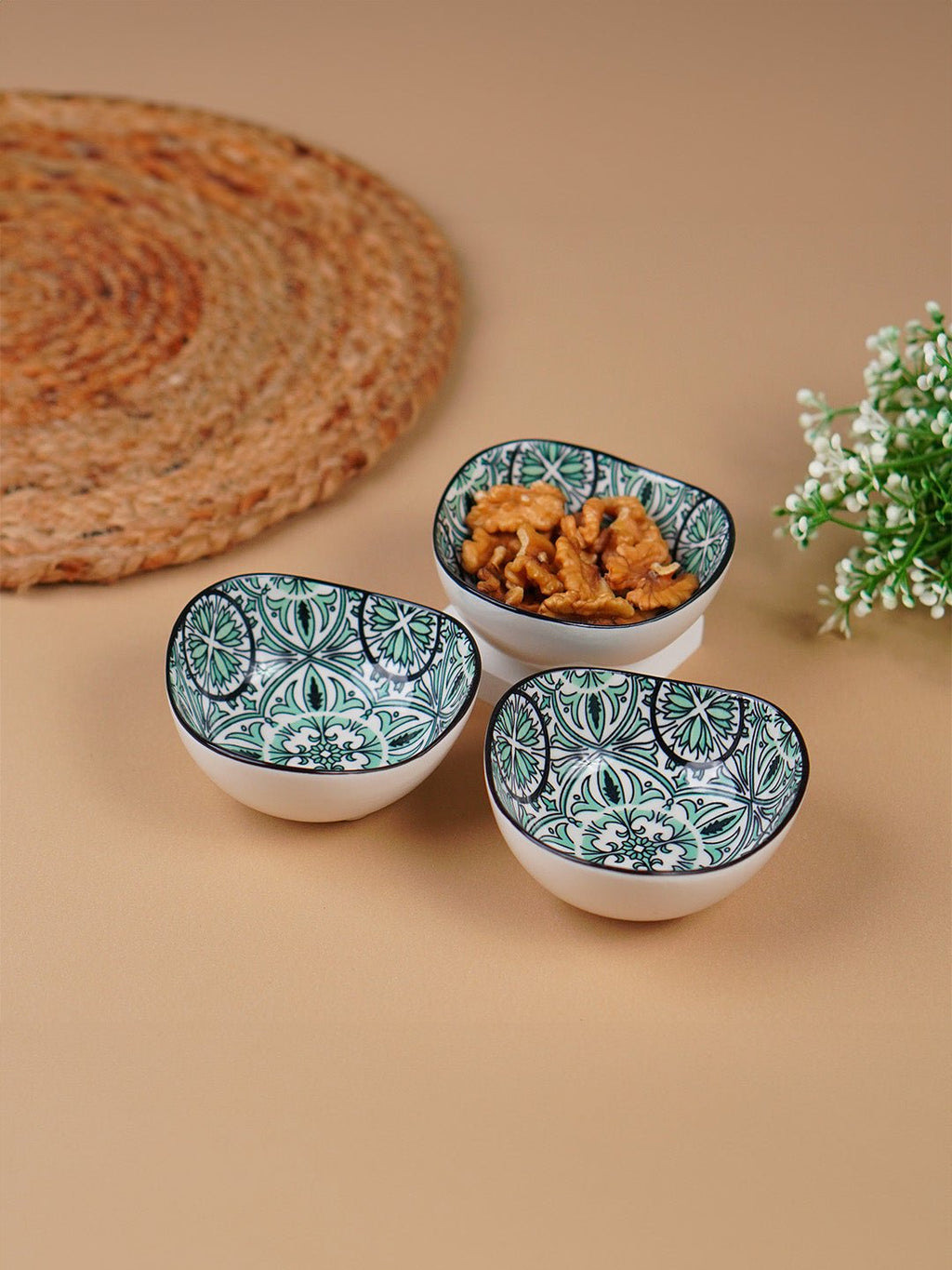 Green & White Fern Square Ceramic Bowls Set of 3 - The Golden Theory