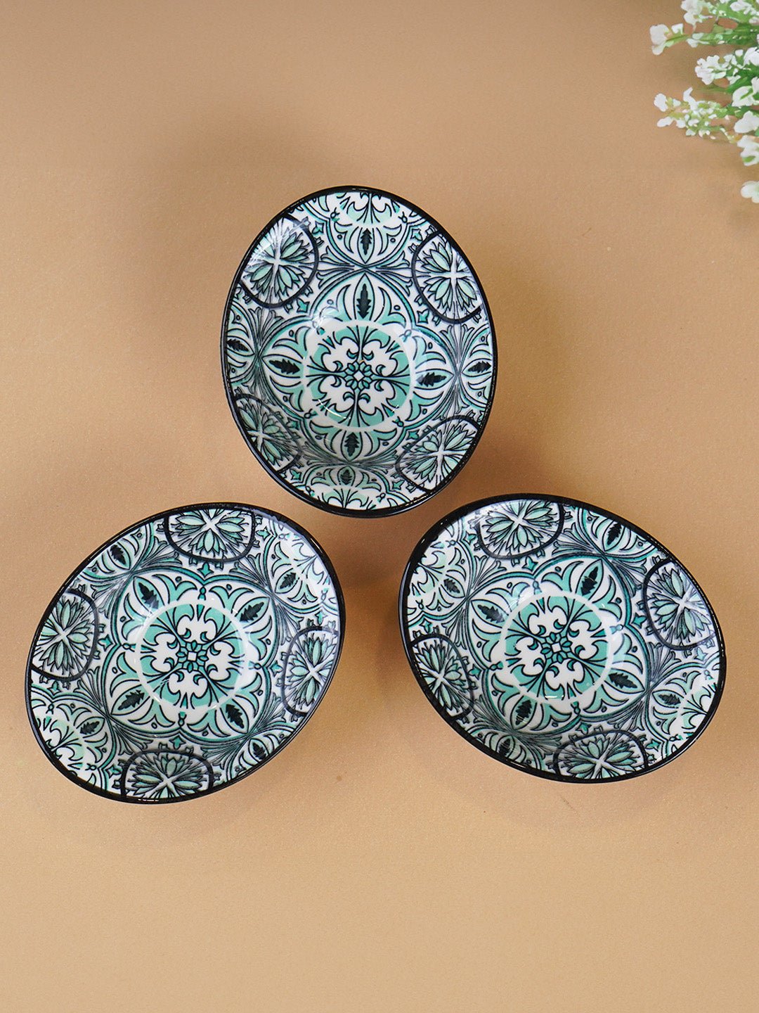 Green & White Mandala Long Ceramic Bowls Set of 3 - The Golden Theory