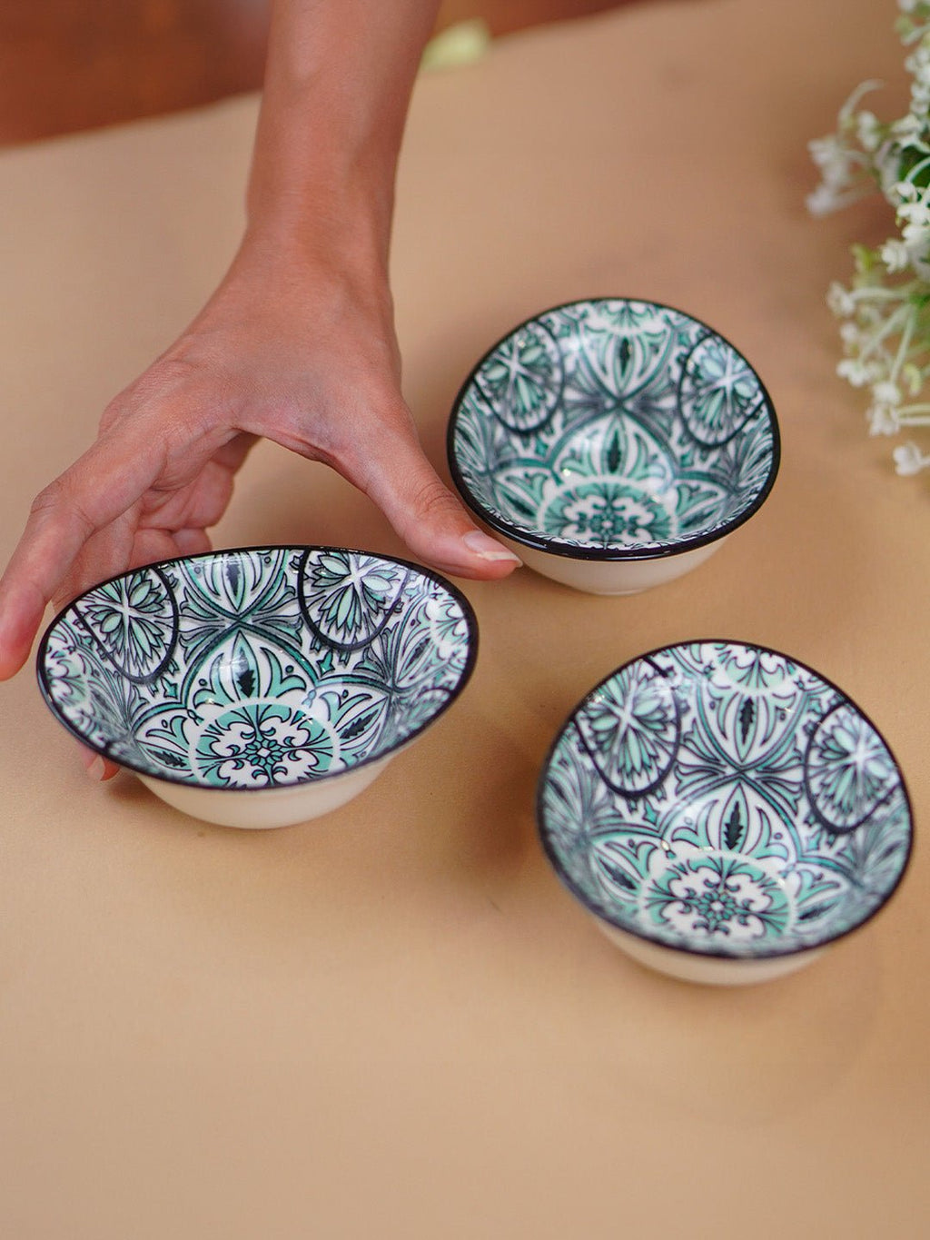 Green & White Mandala Long Ceramic Bowls Set of 3 - The Golden Theory