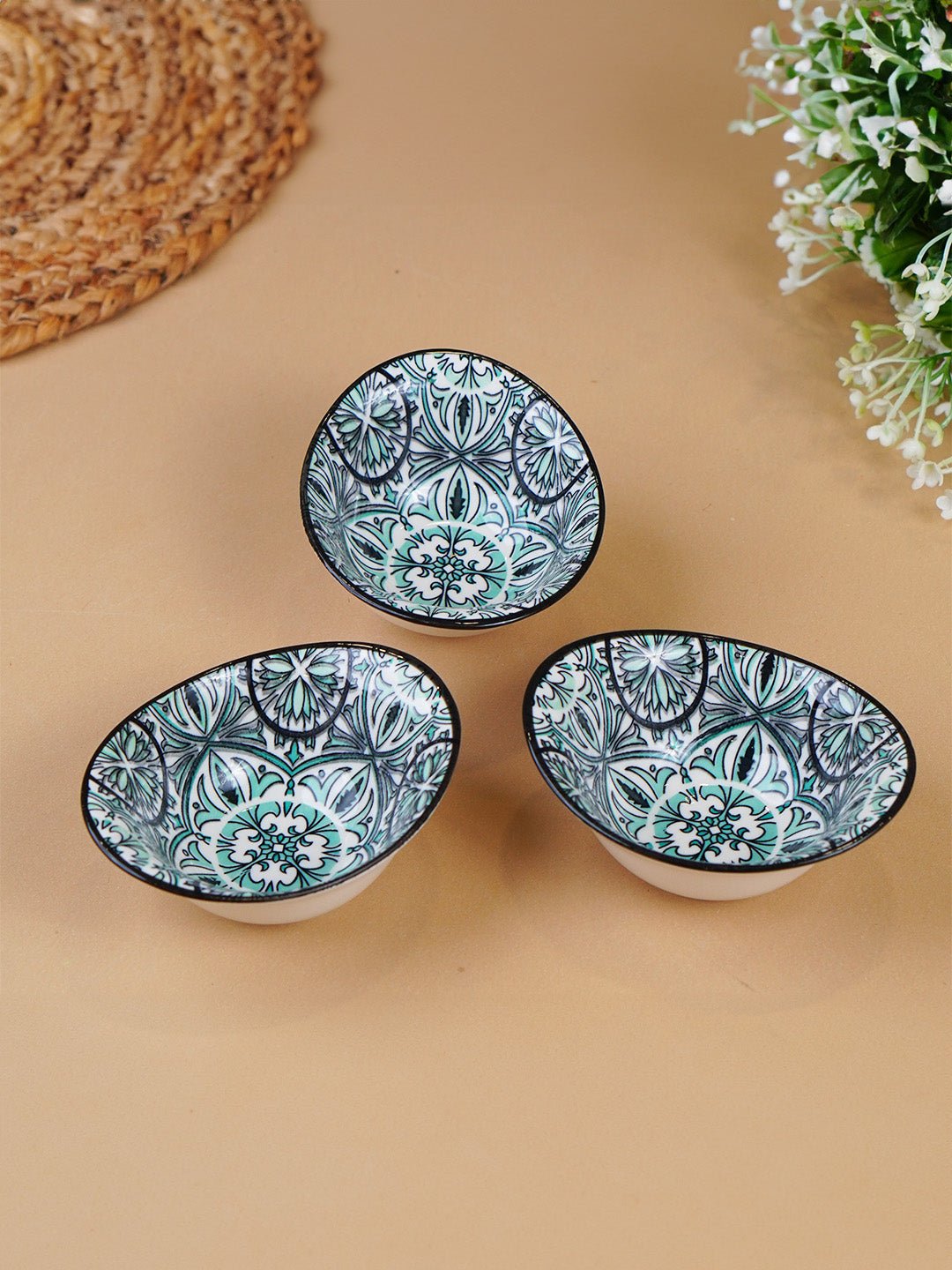 Green & White Mandala Long Ceramic Bowls Set of 3 - The Golden Theory Main image