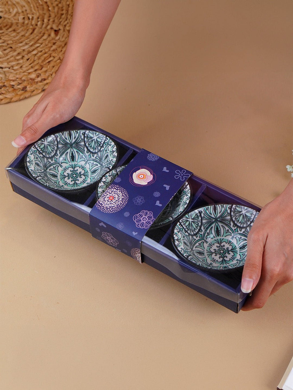 Green & White Mandala Long Ceramic Bowls Set of 3 - The Golden Theory