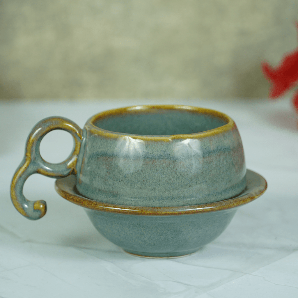 Grey Ceramic Unique Cup and Saucer with Golden Border - The Golden Theory