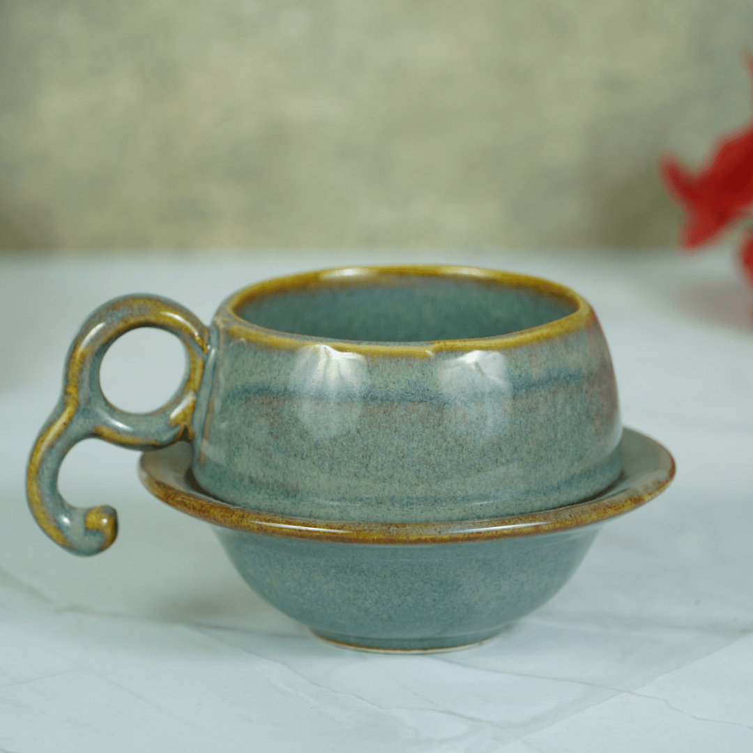 Grey Ceramic Unique Cup and Saucer with Golden Border - The Golden Theory