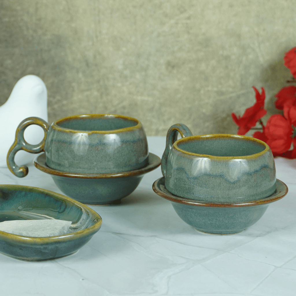 Grey Ceramic Unique Cup and Saucer with Golden Border - The Golden Theory