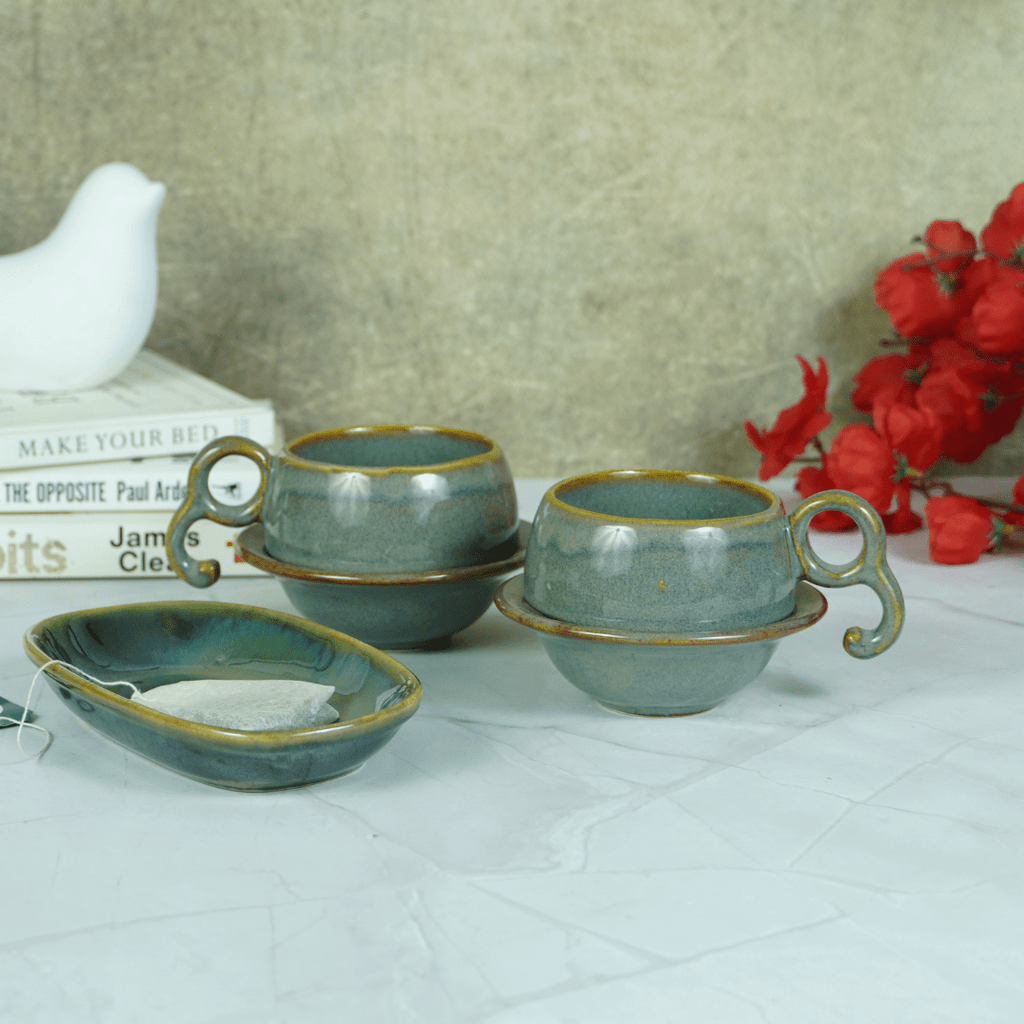 Grey Ceramic Unique Cup and Saucer with Golden Border - The Golden Theory
