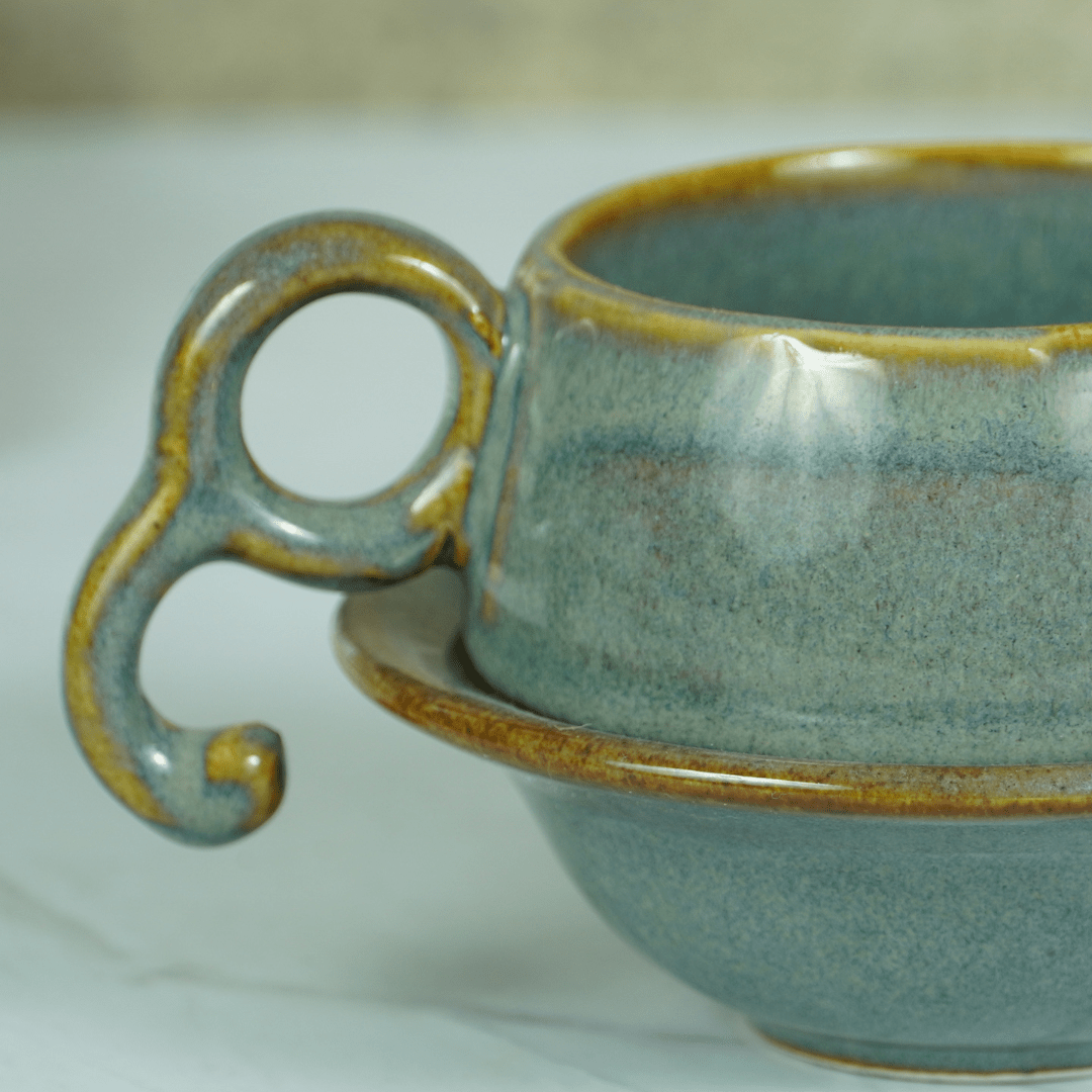 Grey Ceramic Unique Cup and Saucer with Golden Border - The Golden Theory