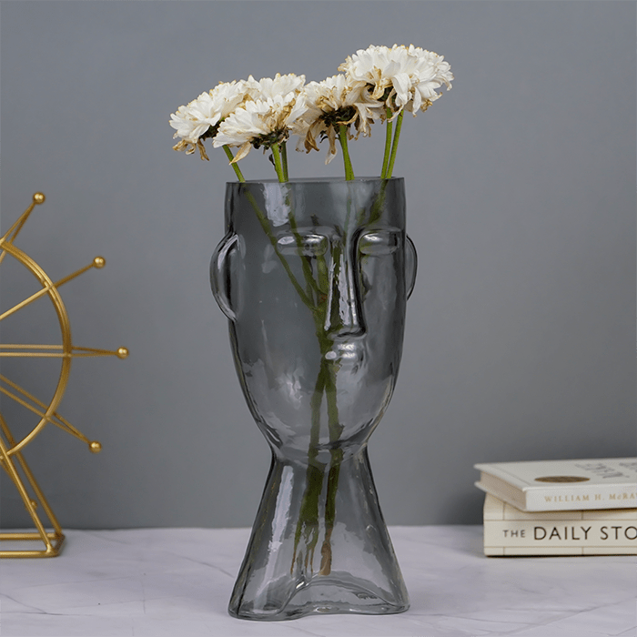 Grey Face-Shaped Glass Vase with Unique Artistic Design - The Golden Theory