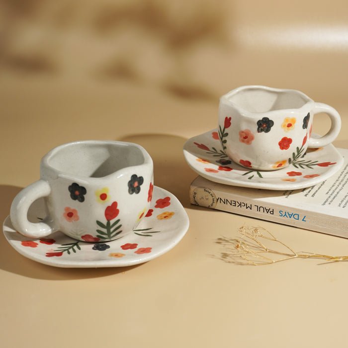 Hand Painted Ceramic Cup and Saucer Set with Floral Pattern - The Golden Theory