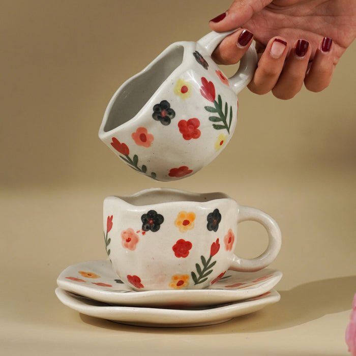 Hand Painted Ceramic Cup and Saucer Set with Floral Pattern - The Golden Theory