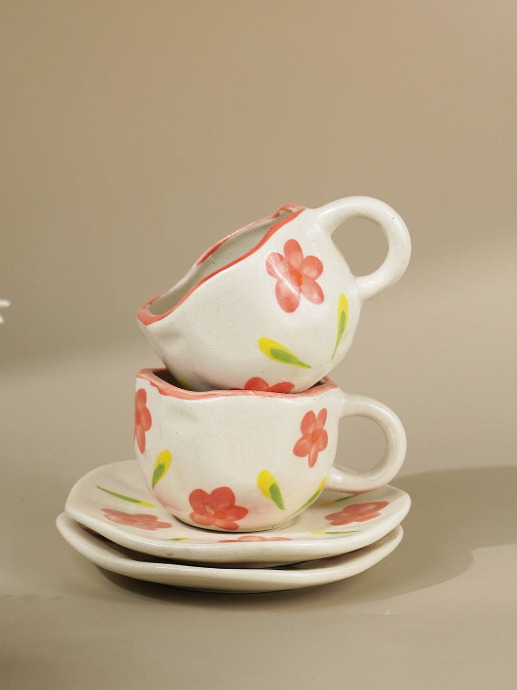 Hand-Painted Floral Ceramic Cup and Saucer Set - The Golden Theory