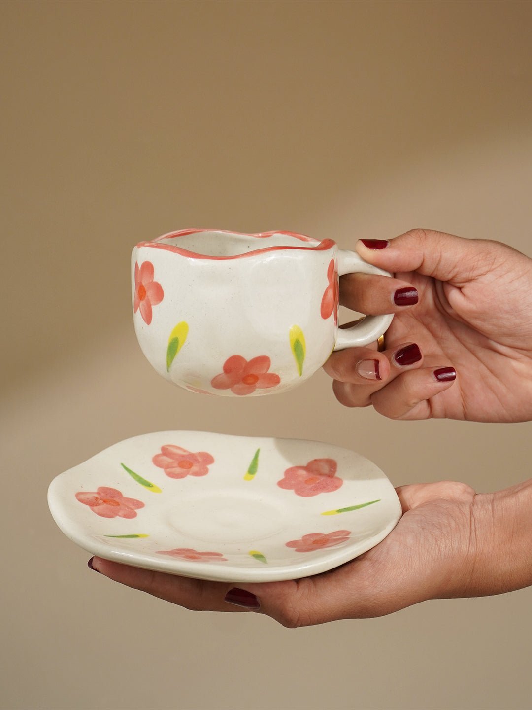 Hand-Painted Floral Ceramic Cup and Saucer Set - The Golden Theory