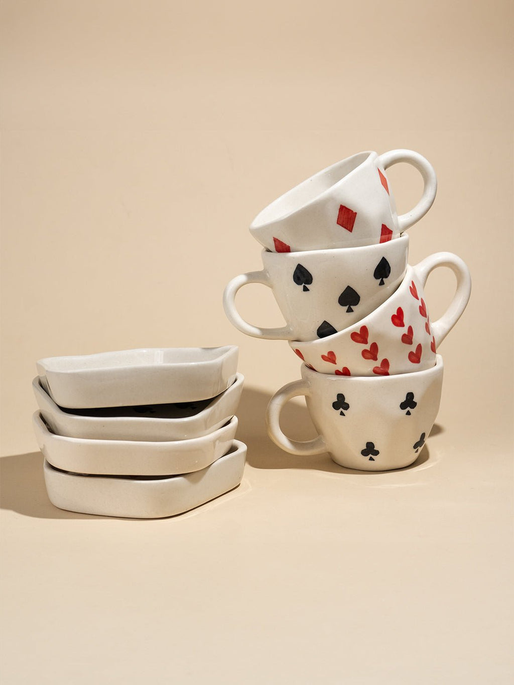 Handcrafted Ceramic Cup and Saucer Set of 4 with Playing Cards Design - The Golden Theory