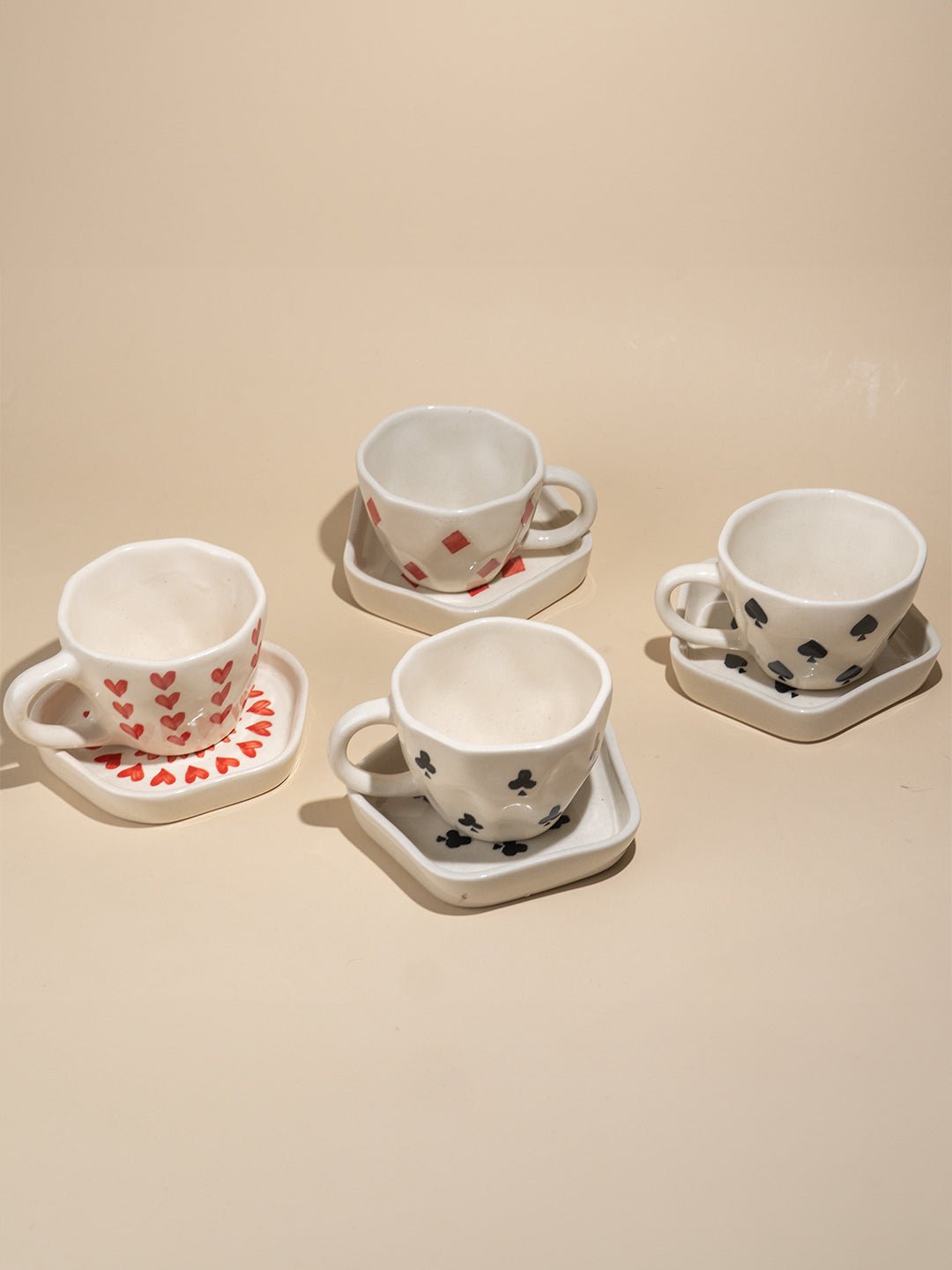 Handcrafted Ceramic Cup and Saucer Set of 4 with Playing Cards Design - The Golden Theory
