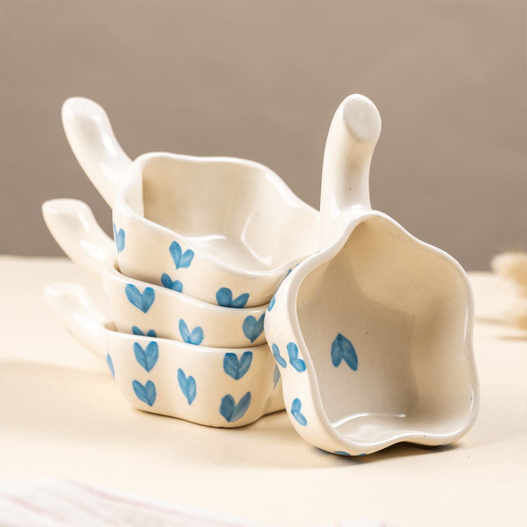 Handcrafted Ceramic Dip Bowl Set with Blue Heart Design - The Golden Theory