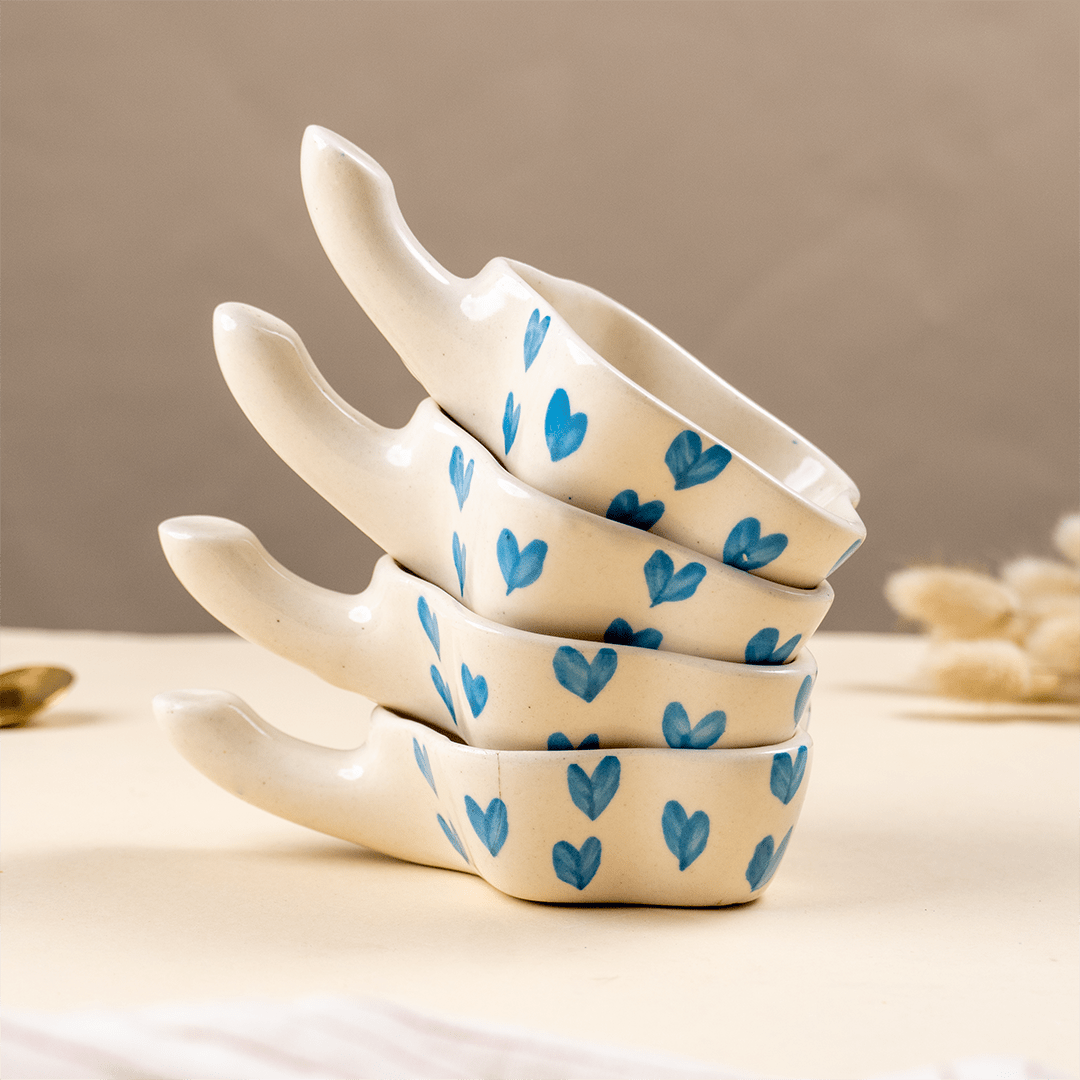 Handcrafted Ceramic Dip Bowl Set with Blue Heart Design - The Golden Theory