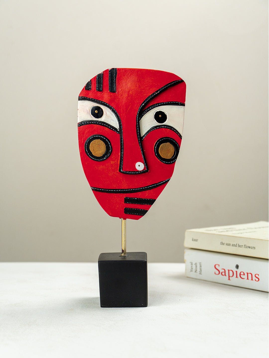 Handcrafted Red Abstract Face Sculpture - The Golden Theory