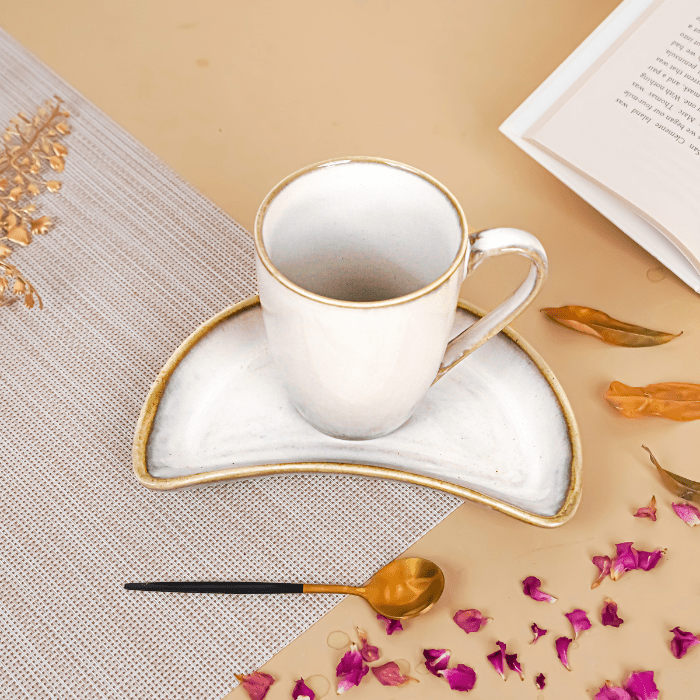Ivory Ceramic Mug and Crescent Plate Set - The Golden Theory